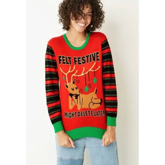 Mighty Fine Sweater Womens Red Black Felt Festive Might Delete 2X NEW - Picture 8 of 8